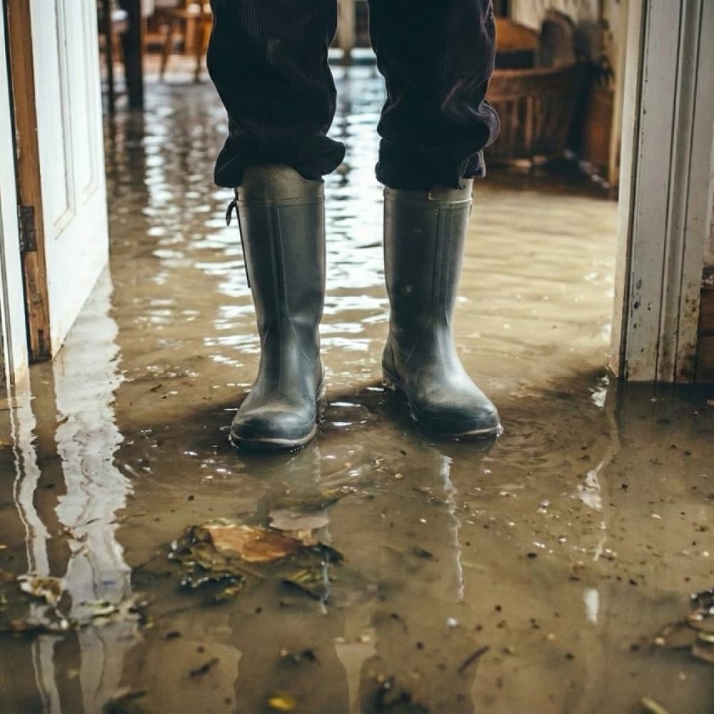 Person in rubber boots standing in a flooded room with muddy water covering the floor
