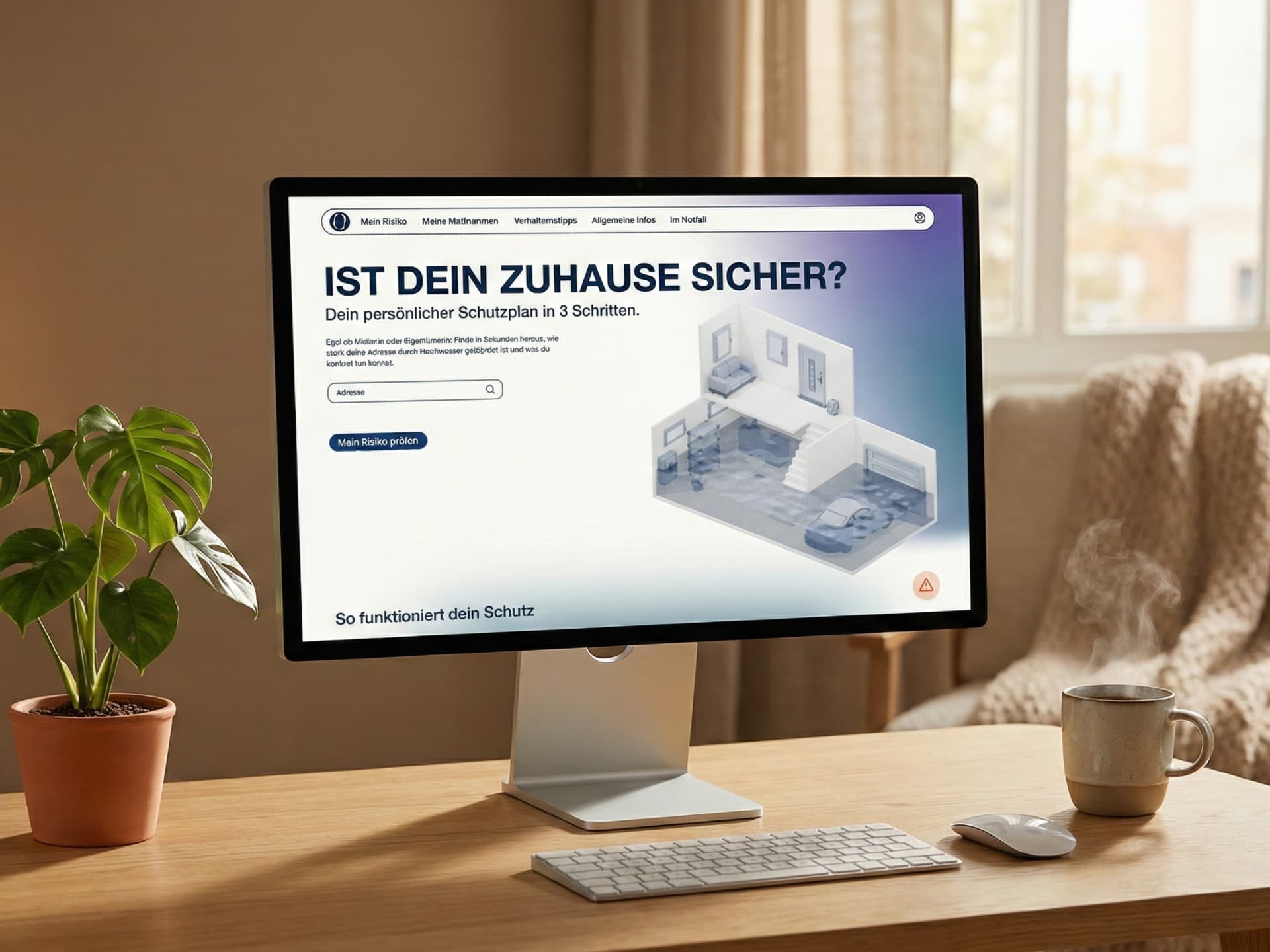 Desktop monitor on a wooden desk displaying the Obacht landing page with an isometric 3D house model filling with water